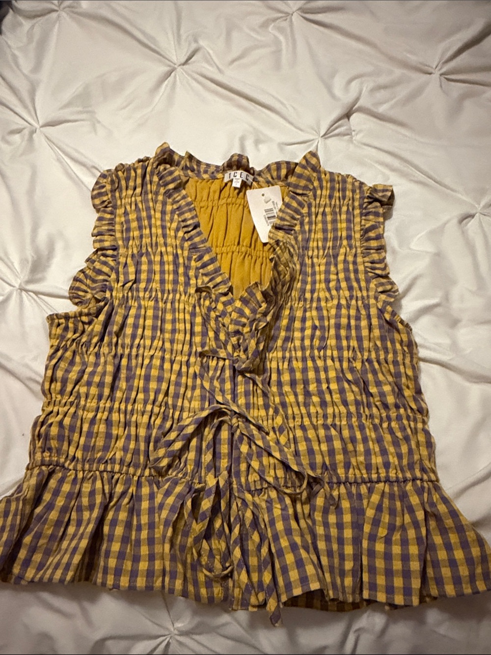 TCEC Yellow and Blue Plaid Ruffle Tank Top